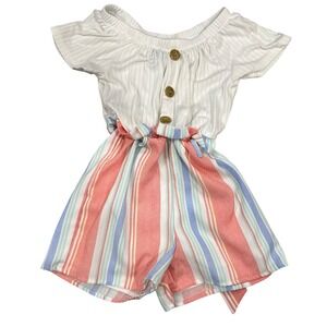 Paper Doll Romper White Multi Color Striped Paperbag Waist Kids Size S 7/8